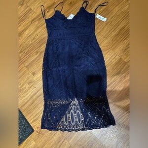 Premier Midnight Blue Strapless Lace Dress